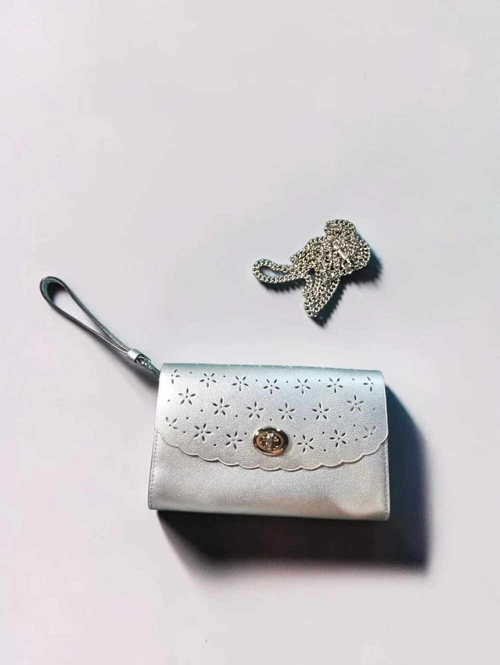 Coach Perforated Laser-Cut Leather Chain Crossbody/Wristlet Clutch